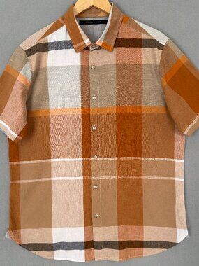Sean John Men’s Button Up Short Sleeve Linen Blend Plaid Shirt Size XL